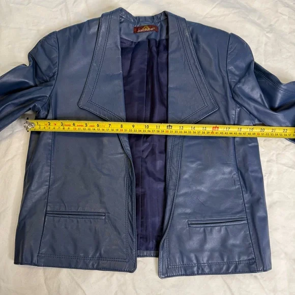 90s Slate Blue Genuine Leather Blazer | Vintage Deep Navy Power Jacket Size 8 - Picture 10 of 11